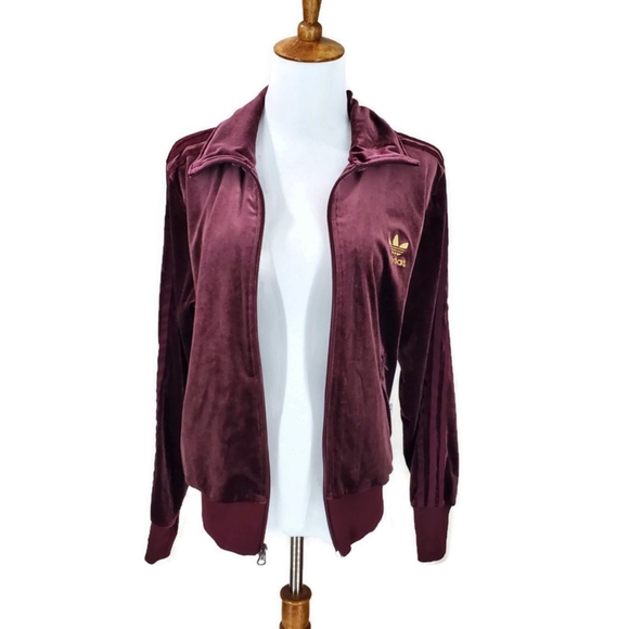 Adidas Velour Firebird Trefoil Track Jacket Maroon Gold Pockets Medium Y2K - Picture 6 of 17